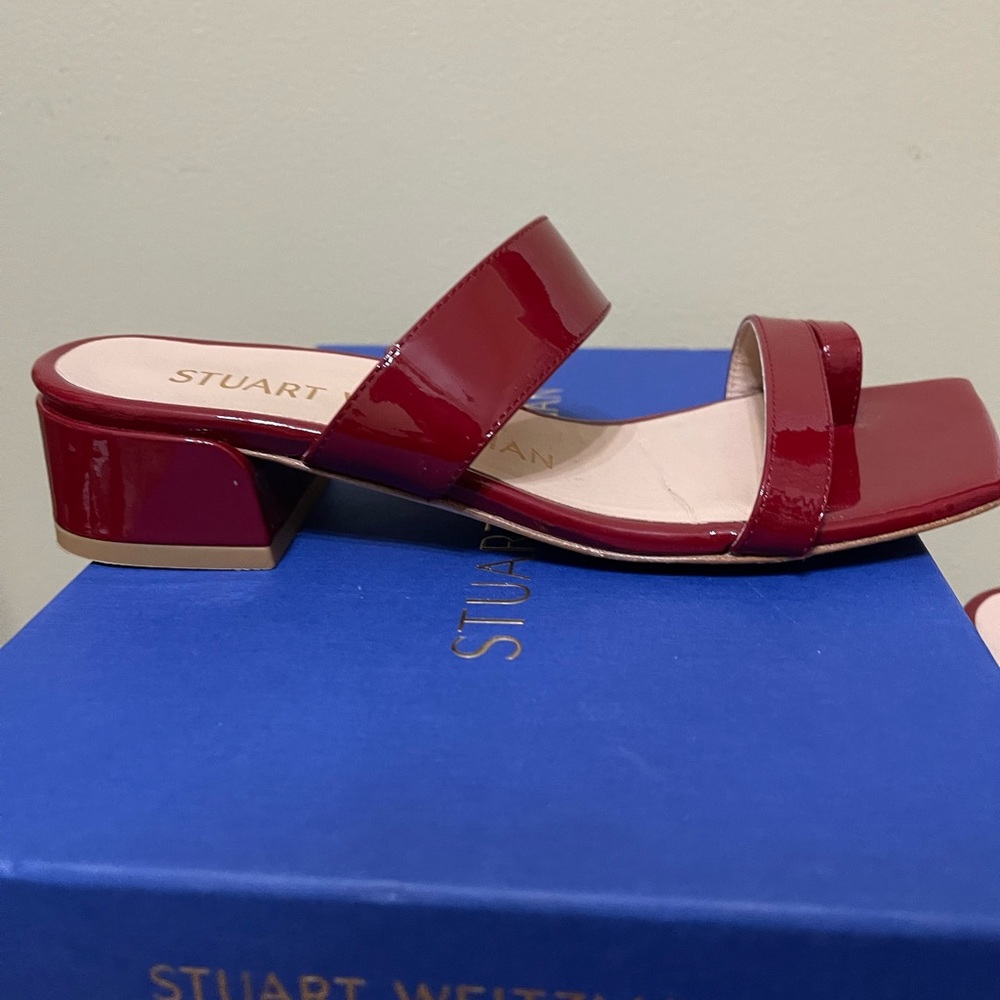 Stuart Weitzman Patent Leather Red Strappy Block Heel Sandals - Picture 4 of 5
